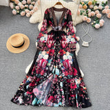 Spring And Autumn French Court Style Temperament Thin French Chiffon Mesh Dress Female Big A-Word Print Long Dress