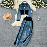 Hong Kong-Flavored Casual Suit Women's High-Waisted Thigh-Legged Straight Trousers Two Sets Of Stylish Lapel Jacket Jacket
