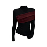 Temperament Oceanic Irregular Bottoming Shirt Women Autumn Half-High Collar Collar Head Thin Bumping Color Splicing Top