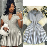 French-Style Retro-Necked Short-Sleeved Striped Knitted Dress Female Waist Temperament Thin A-Word Dress