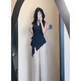 Korean Commuting Wearing A V-Tie Tie With A Waist Design Sleeveless Top High-Waisted Broad-Legged Trousers