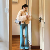 Lazy Wind Blue High-Rise Horn Jeans Women 2025 Autumn And Winter Hottie Slim Slim Taut Long Trousers