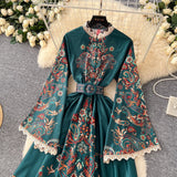 Court Style Retro Collar Single Buckle Horn Sleeve Long Lace Dress Women Fashion Print Long Dress
