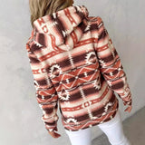New Large-Size Fashion Casual Casual Women's Loose Geometric Pattern Print Hooded Zip-Down Jacket Woman