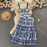 Wind Blue And White Porcelain Printing Set Women's Summer Pure Desire To Bare Belt Slings Small Vest + High Waist Mid-Long Skirt