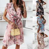 2025Wish Explosion Summer Lotus Leaf Side Short-Sleeved V-Neck Digital Printed Dress Woman