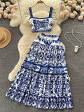 Wind Blue And White Porcelain Printing Set Women's Summer Pure Desire To Bare Belt Slings Small Vest + High Waist Mid-Long Skirt