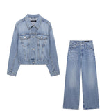 Water Drill Pocket Loose Single-Row Buckle Short Denim Jacket Casual Trousers Set 2025 Spring Women's Clothing