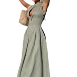 Women's 2025 New Sleeveless V-Neck Dress Casual Waist Zipper Collar Temperament Dress