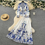 Court-Style Dress Dress Woman 2025 New French Waist Bubble Sleeve Print Top High Waist Swing Long Skirt