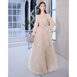 Evening Dress Women 2025 New Champagne Long-Sleeved Banquet Temperament Simple Thin Host Art Exam Dress