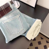 Hong Kong Style Loose Light Blue Plus Velvet Jeans Women Autumn And Winter High Waist Hanging Feeling Thin Broad Legs Thick Long Pants