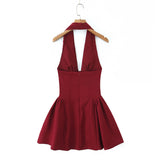 Short Dress Body With Bare Back Hanging Neck Dress Female Hollow Deep V-Necked Minority French Folded A-Word Mini-Skirt Dress Dress