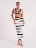 Striped Two Sets Of Women's Knitted Slings Wrapped Breasts Skirt Dress Fashion Suit