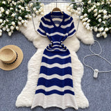 Light Luxury High-Striped Knitted Dress Women's Summer V-Neck Hollow Thin Airable Design Design Long Dress