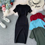 Short-Sleeved Solid-Color Temperament Round-Neck Knitted Tight Skirt Dress Bag Hip One-Step Skirt Dress Mid-Long Model