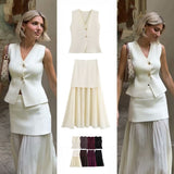 Spring And Summer New Women's Gold Button Knitted Vest + Half-Dress Fashion Set
