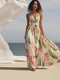 2025 Women's Sleeveless V-Neck Digital Print Belt Dress Dress