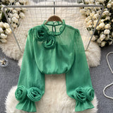 French Shirt Female Design Sense Small Three-Dimensional Flower Bubble Sleeves To Reduce The Age Of Pure Color Chiffon Shirt Women's Long-Sleeved Top