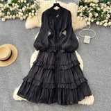 French Elegant Temperament Dress Female Heavy Industry Hot Diamond Lace To Receive Waist Thin Lantern Sleeves Side Dress