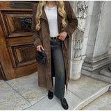 Explosion 2025 Autumn And Winter Women's Brown Ion Belt With Long Coat Retro Temperament Elegant