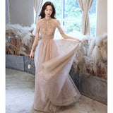 White Feather Hanging Neck Open Shoulder Fashion Atmosphere Thin Long Skirt Evening Dress Students Graduation Performance Choral Costume