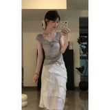 Summer New French Temperament V-Neck Collar Slim Thin Top Design High Waist Half-Dress