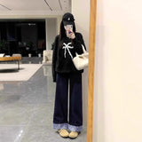 Tibetan Blue Roll Edge Design Wide Leg Slack Women 2025 Spring And Autumn High-Waist Loose Straight Straight Trousers