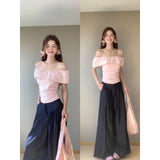 Travel And Wear The Atmosphere Of The Lotus Leaf Side Shoulder Repair Folding Top With Straight Leisure Long Pants Set