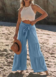 Women's Fashion Temperament Strap Spliced High-Waisted Folds Broad Leggings Casual Loose Trousers