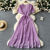 Design-Sense Piece Of V-Neck Tie With Short Sleeves Of Broken Flower Dress Women's Summer Thin Temperament French Dress
