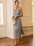 2025 New Women's Holiday Style Hanging Neck Sling Skirt French Temperament Print Dress