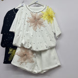 Fashion Set European Dress Design Butterfly Set Drill Short Sleeve T-Shirt Blouse Woman + Tight Waist Broad Leg Shorts Two Sets