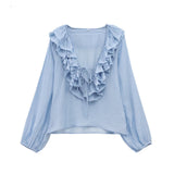 Z Early And Early Autumn New French Sweet V-Neck Thin Long-Sleeved Lotus Leaf Shirt Top 8544207