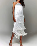 GY25044 Fashion Hanging Neck Solu Back Open Dress