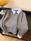 Autumn 2025 New Fake Two Shirt Collar Sweater Women With Lazy Wind Collared Gray Knitted Shirt Top