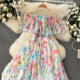 2025 New Flower Series Holiday Dress Women's Lotus Leaf Side Shoulder-Repair Long Chiffon Fairy Dress