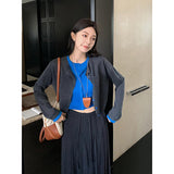 A Complete Set Of Early Autumn Wear And Match Color Splicing Fake Two Knitted Cardigan Women Autumn High-Rise Skirt Suit