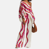 Spring 2025 New Set Women's Printed Round-Neck Loose Bat Sleeves Wide Leg Trousers Fashion Set