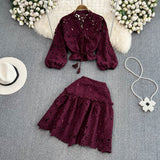 Vintage Temperament V-Neck Hollow Embroidered Lantern Sleeve Short Shirt Women Two Sets Hit High Waist Thin Word Half Skirt