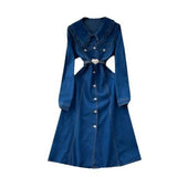 Small And Cooked Wind Dolls To Receive Waist Metal Buckle Temperament Casual Long Denim Dress 0011