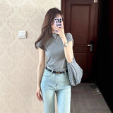 Light Blue Retro High Street High-Rise Micro-Rave Jeans Women Summer Elastic Repair Slim Thin Horseshoe Long Pants