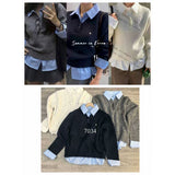 Korean Wearing A Fake Two Sweaters Women's Autumn And Winter Design Shirt Folded Gray Knitted Shirt