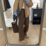 Vintage Brown Plus Velvet Jeans Women's Autumn And Winter High-Waisted Thin Straight Barrel Loose Broad Legs Long Trousers