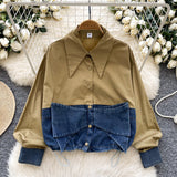 Spring Dress Korean Fashion Design With Bow Denim Spliced Long-Sleeved Shirt Women Loose Shirt Top