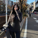 Korean Retro Black Hooded Long-Sleeved Knitted Shirt Micro-Sleeves Friserie Women Autumn And Winter Slimming Two Sets