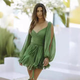 2025 Summer Out-The-Shoulder Lantern Long-Sleeved V-Neck Dress Sexy Showy Multi-Colored Skirt Woman