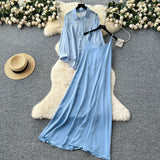 Temperament Two Sets Of Women's Languid Languid Wind Outside The Thin Loose Long-Sleeved Sunscreen Jacket + Sling Dress
