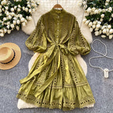 2025 Spring And Summer New Lantern Sleeve Retro Hollow Lace Splicing Single Buckle Loose Lace Dress Dress Woman