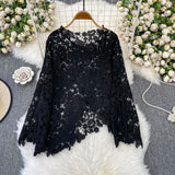 Irregular Cut-Cut Pattern Round-Neck Long-Sleeved Lace Women's Shirt 2025 Summer High-End Elegant Outerwear